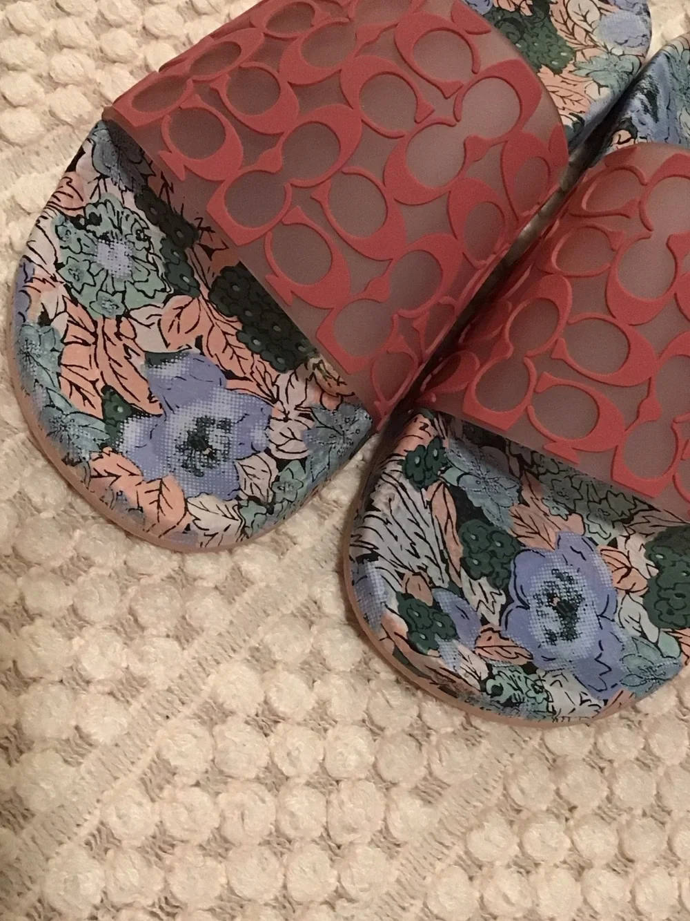 Coach Red Logo Floral Print Slide Sandals